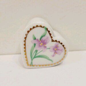 Vtg Ceramic Heart Shaped Gold Border Irises Mini Trinket Box Roman Inc Pin
